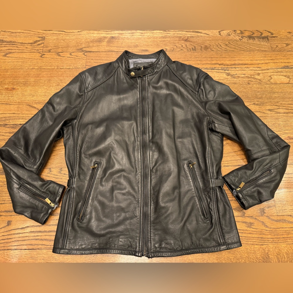 Massimo Dutti 100% Napa Sheepskin Leather Moto Jacket Black Zip Lambskin Size XL